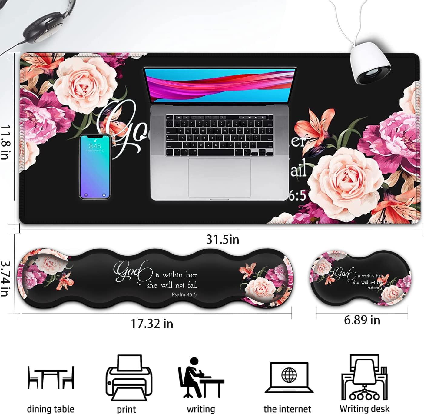 Keyboard Mouse Pad Wrist Rest Support Set, Extended Gaming Mouse Pad, Large XXL Mousepad + Ergonomic Memory Foam Wrist Rest,Office Desk Mat Waterproof Writing Pad, Peony Flower Psalm 46:5 Black