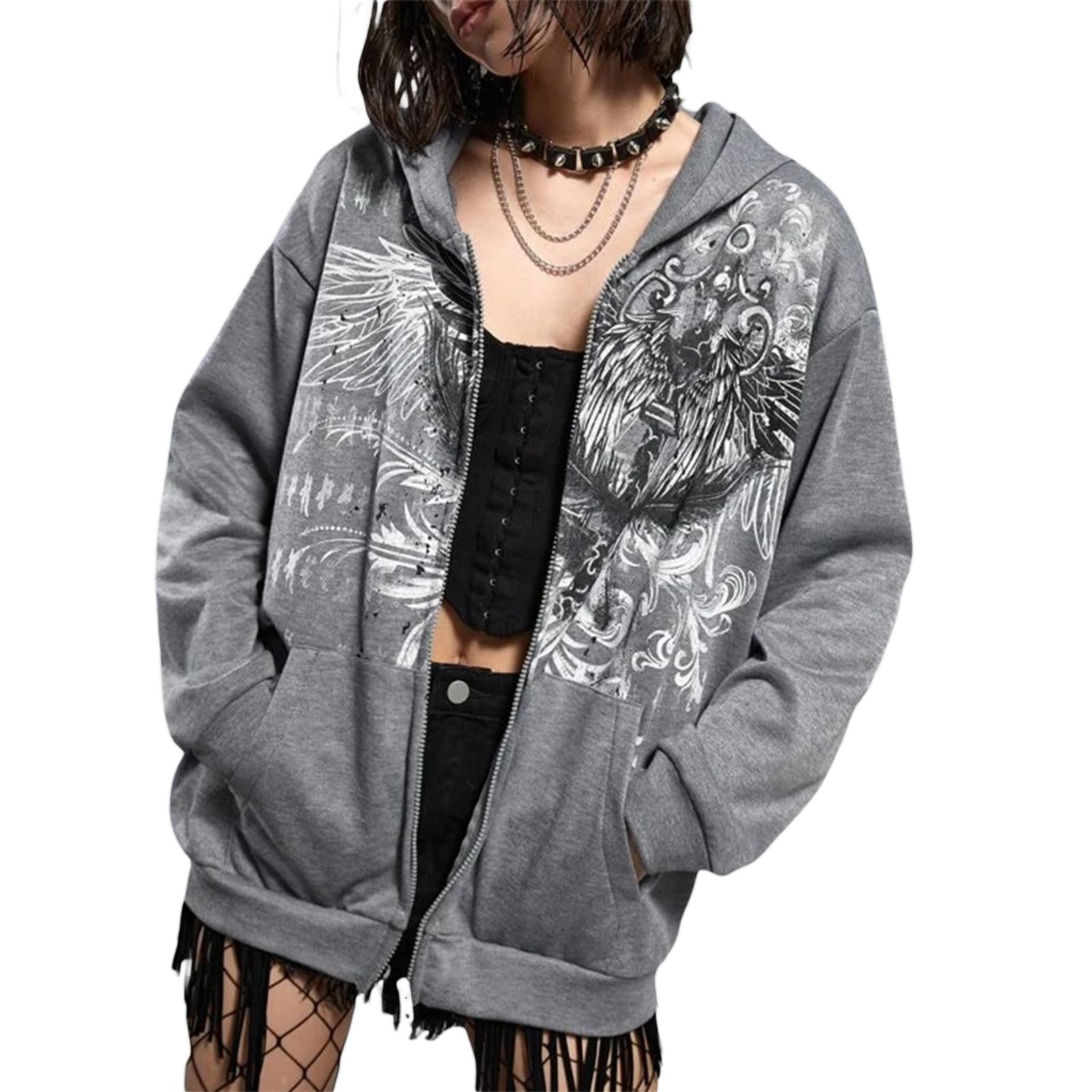 Karwuiio Women Men Zip Up Hoodie Y2k Vintage Graphic Oversized Sweatshirt Jacket Pullover Coats Gothic Streetwear