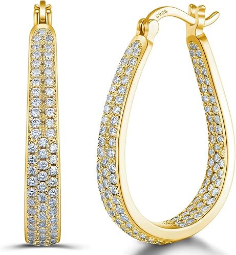 weinuo - Aros de argolla con varilla de plata de ley 925 para mujer, diseño ovalado y grueso con circonias cúbicas multicolor y chapado en oro de 14