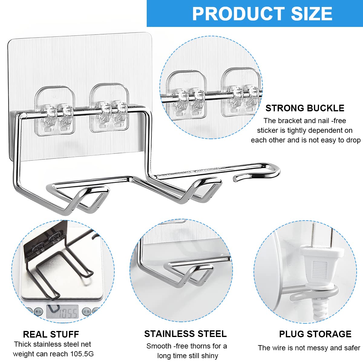 HASTHIP Hair Dryer Holder Wall Mounted Self Adhesive Stand Silver 2