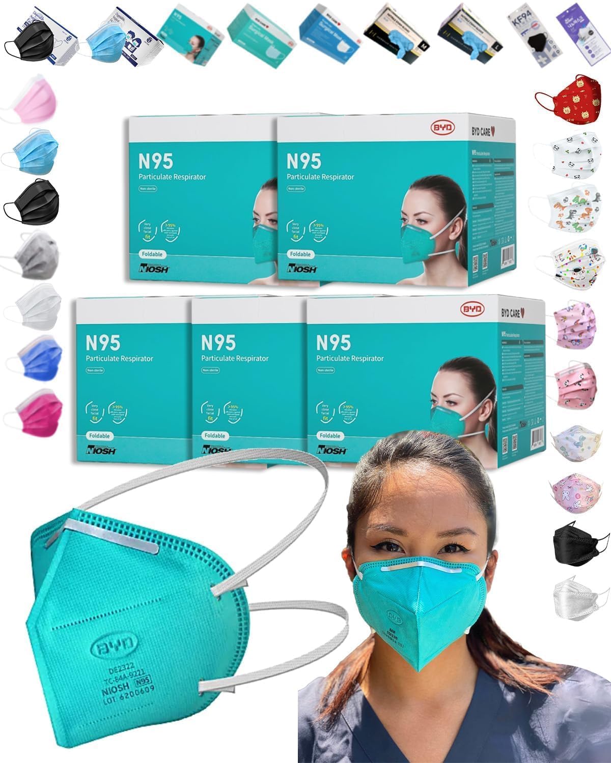 BYD Green Particulate Respirator Model DE2322 (Approval Number TC-84A-9315) 100 Pack (5-Box) w. Individually Wrapped,Breathable Disposable Foldable Safety Mask w. Head Strap & Nose Wire for Tight Fit