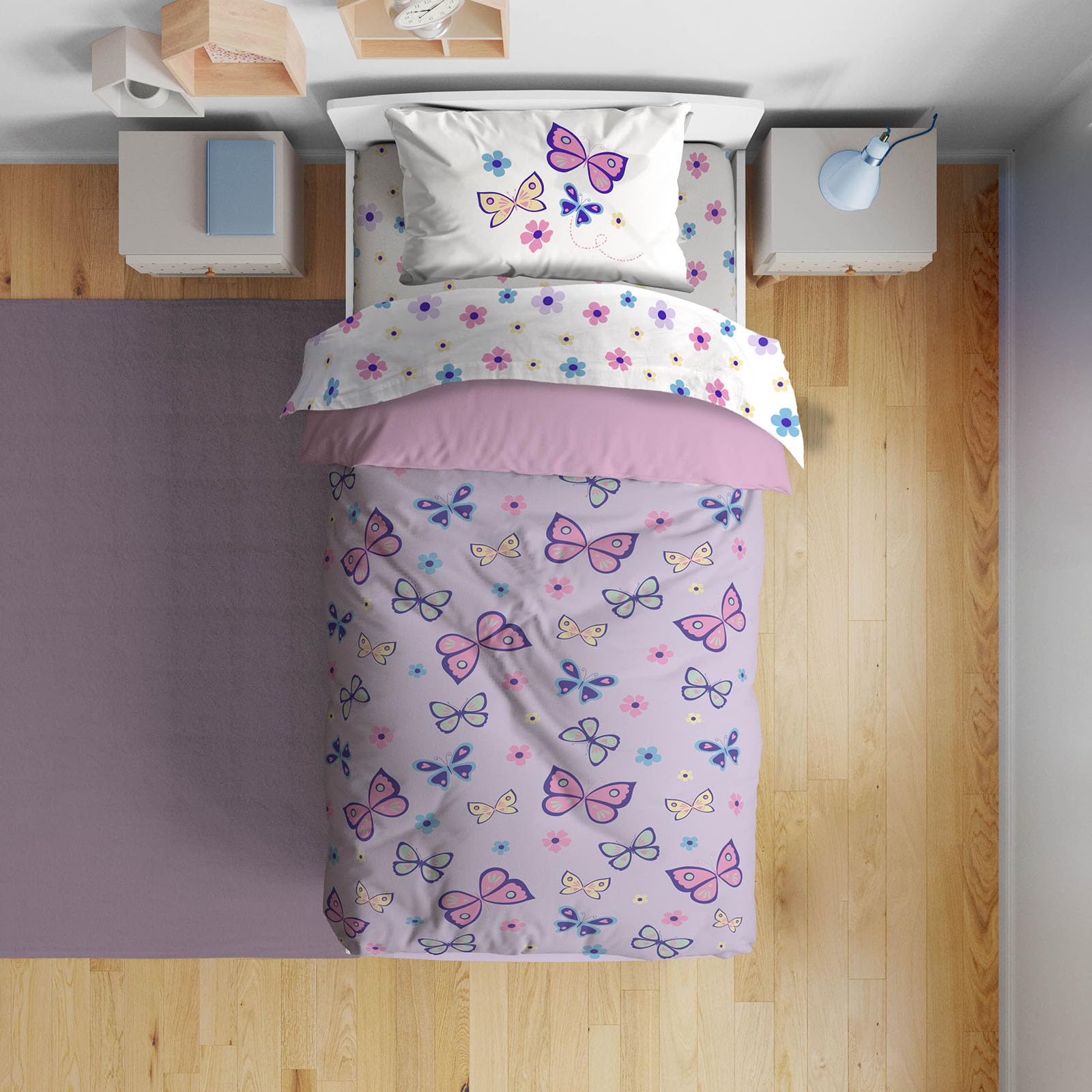 Sunny Side Up Butterfly Toddler Comforter Set - 4 Piece Toddler Bedding Includes Comforter, Sheets & Pillow Cover – Super Soft Purple Floral Microfiber Bed Set