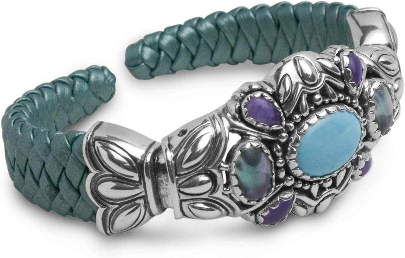 Carolyn Pollack Sterling Silver Teal Leather Silverado Cuff - Large