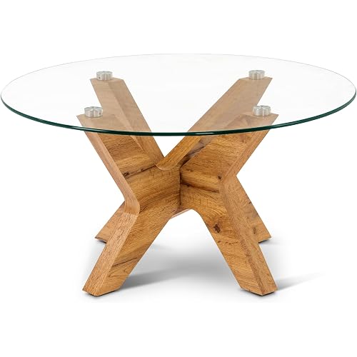 ivinta Round Glass Coffee Table, 31.5" Modern Center Table with Tempered Glass and MDF Legs for Living Room, Office, Tree (Natural Wood)