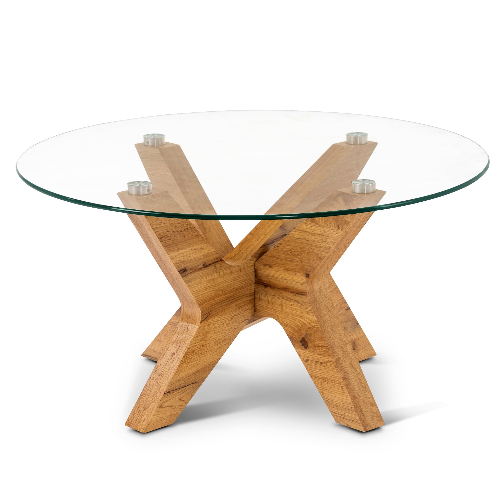 ivinta Round Glass Coffee Table, 31.5" Modern Center Table with Tempered Glass and MDF Legs for Living Room, Office, Tree (Natural Wood)