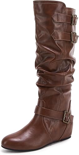 Amazon.com: Botas altas con hebilla para mujer, de piel sintética, punta  redonda, anchas, planas, casuales : Ropa, Zapatos y Joyería