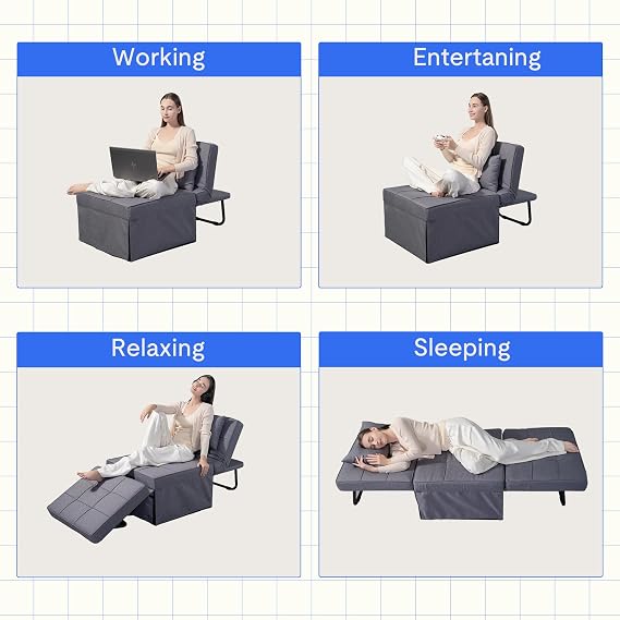 Convertible Sofa Bed Folding Ottoman Single Chair Sleeper with Adjustable Backrest and Pillow - 4-in-1 Guest Bed for Living Room