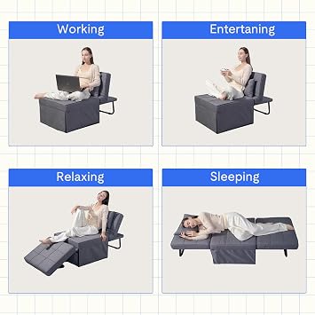 Convertible Sofa Bed Folding Ottoman Single Chair Sleeper with Adjustable Backrest and Pillow - 4-in-1 Guest Bed for Living Room