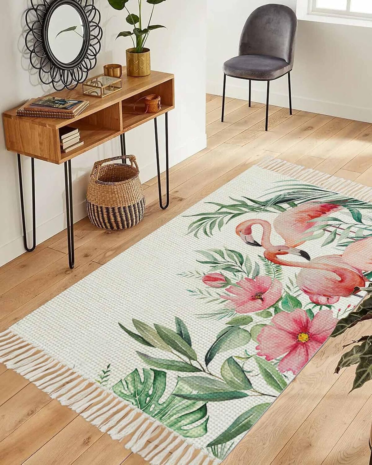 Tropical Flamingos,Area Rug 3x5ft Woven Runner Rug,Palm