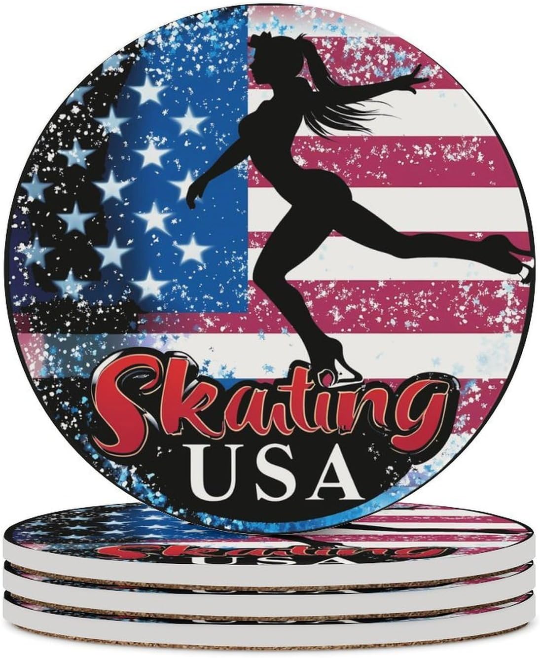 Ice Skating Dance USA Flag Coasters for Drink Round Ceramic Coaster with Cork Base Home Decorative 4PCS