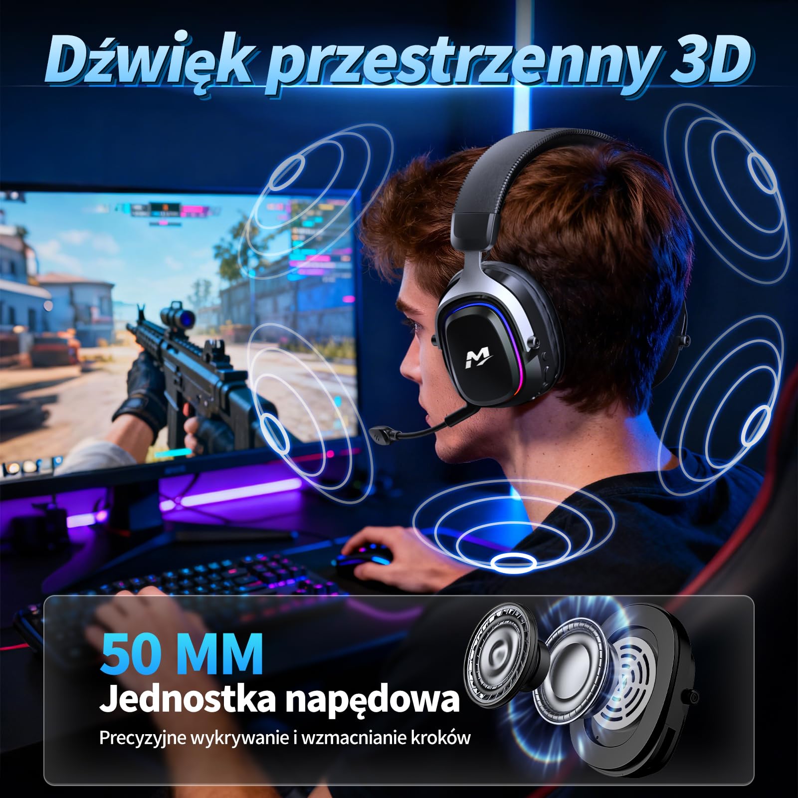 MANKIW Bezprzewodowy Zestaw Słuchawkowy Gamingowy do PS5/PS4/PC/Switch, 2.4G & Bluetooth 6.0, Słuchawki Gamingowe z Dźwiękiem Surround 7.1, Mikrofon z Redukcją Szumów, RGB, 60+ Godzin