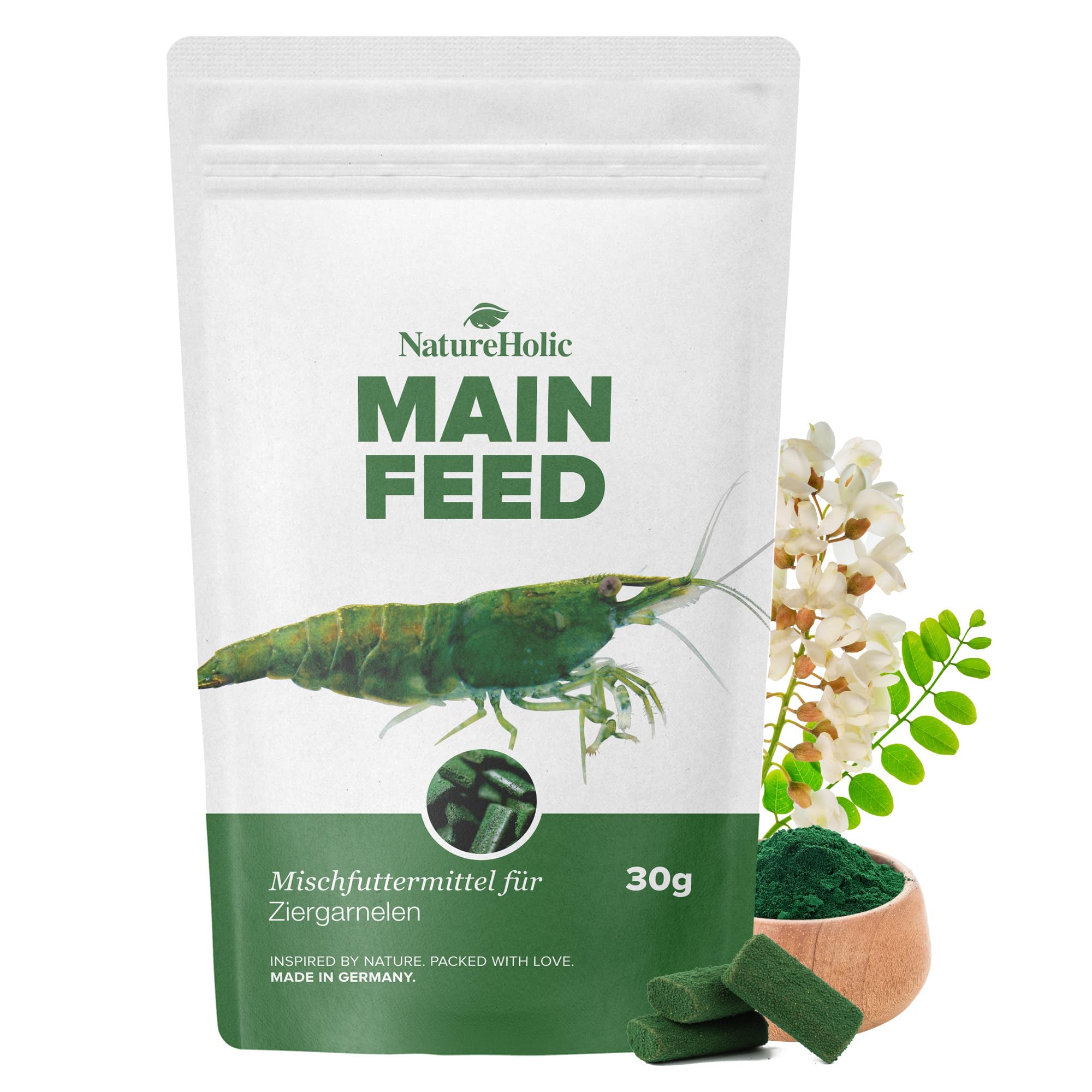 NatureHolic - Garnelenfutter Mainfeed I Futter für Garnelen im Aquarium I Made in Germany I Frei von Fischmehl I Für besseres Wachstum und Panzer Aufbau I 30 g
