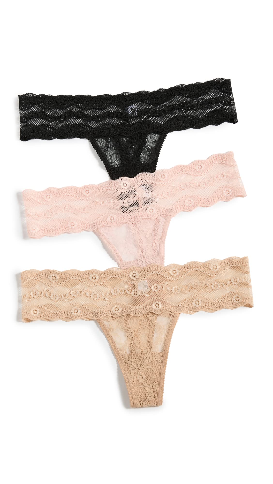 b.tempt'd Women's Lace Kiss Thong Panty 3 Pack, Rose Smoke, Au Natural, Night, M