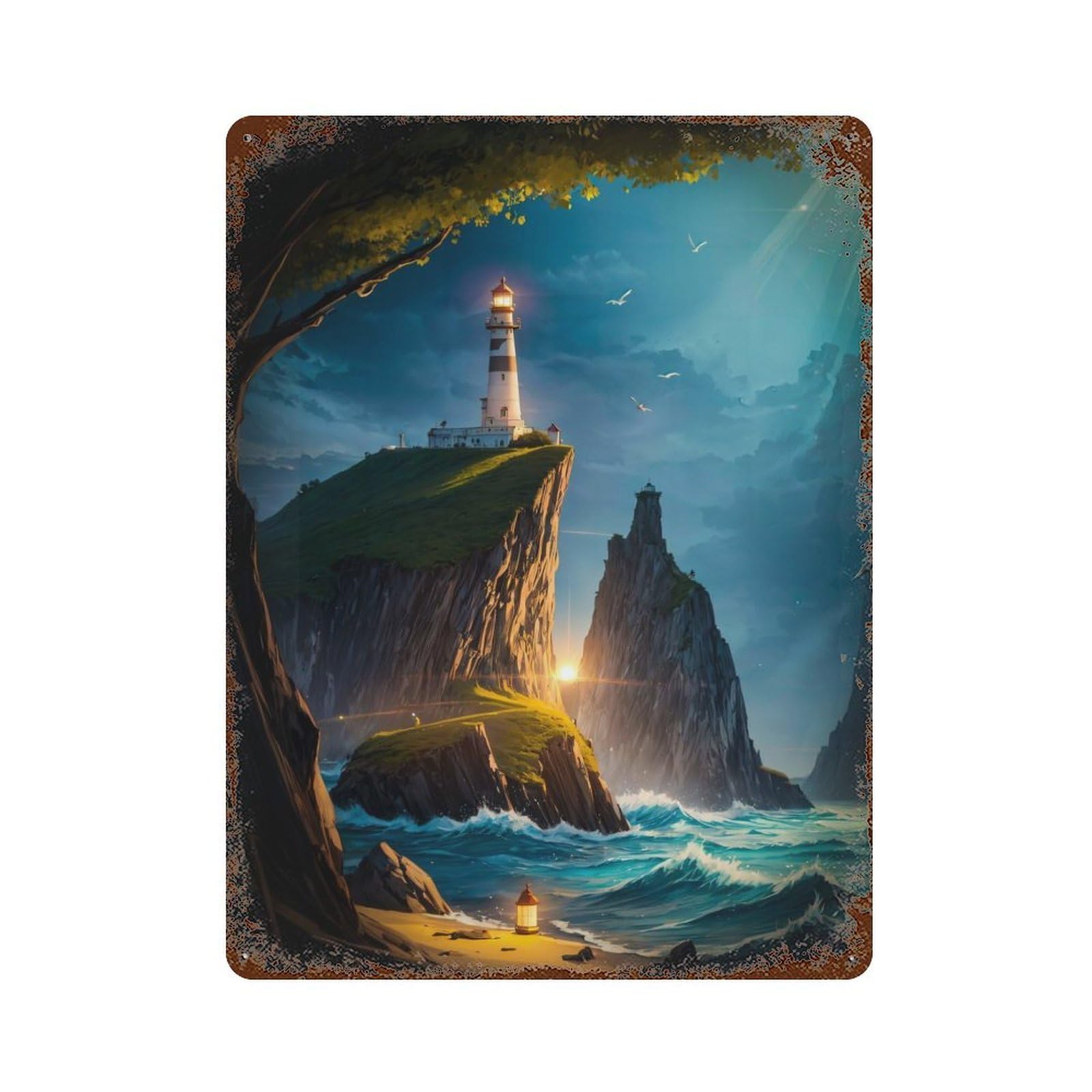 Rust Effect Lighthouse Ocean Cliff Decorative Tin Sign 15.7"x11.8", Farmhouse Wall Decor for Patio, Garden Room And Bar Decor