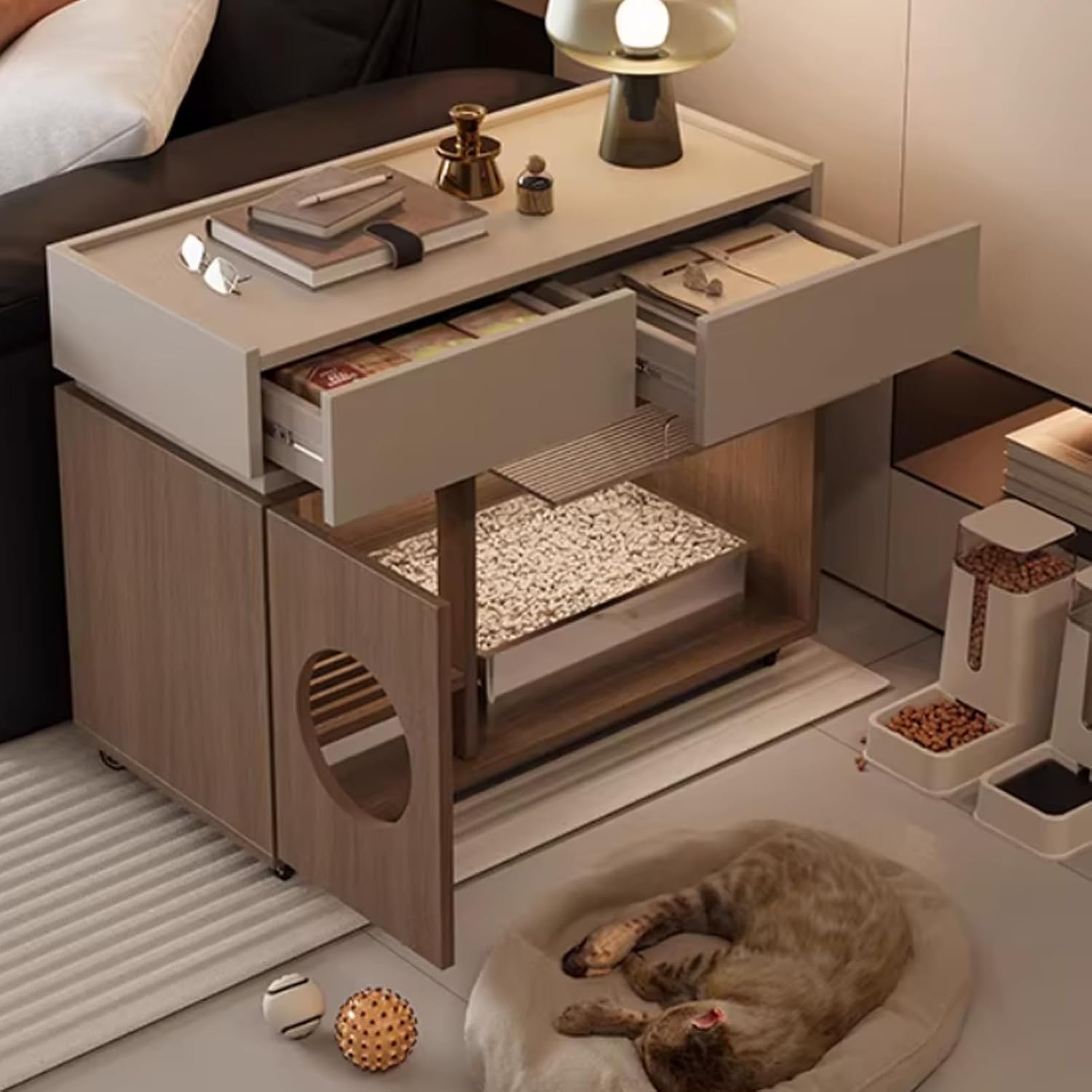 Cat Litter Box Enclosure Furniture Side Table, Movable Hidden Litter Box Cabinet with 2 Storage Drawer, Washroom Toilet Easy Access Door for Indoor Use(Brown)