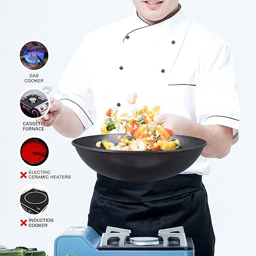 Miniatura 5 de DZZIT Wok de acero al carbono de 13 pulgadas 14 piezas con tapa juego de wok de fondo redondo sin revestimiento químico 12 accesorios de utensilios