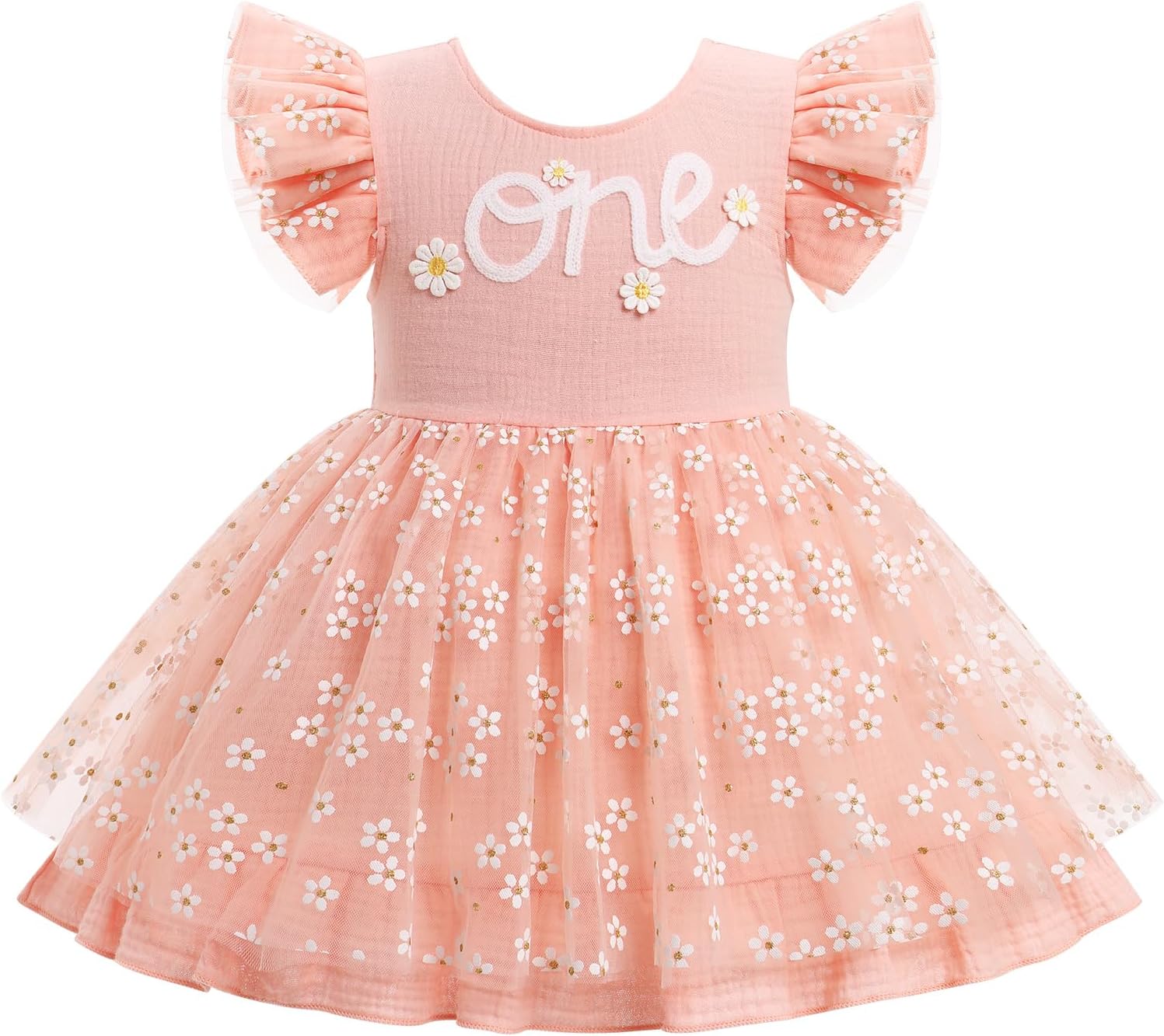 ODASDO 女の赤ちゃん用 初めての誕生日 デイジー フローラル フラッター スリーブ スモック バック メッシュ チュール チュ