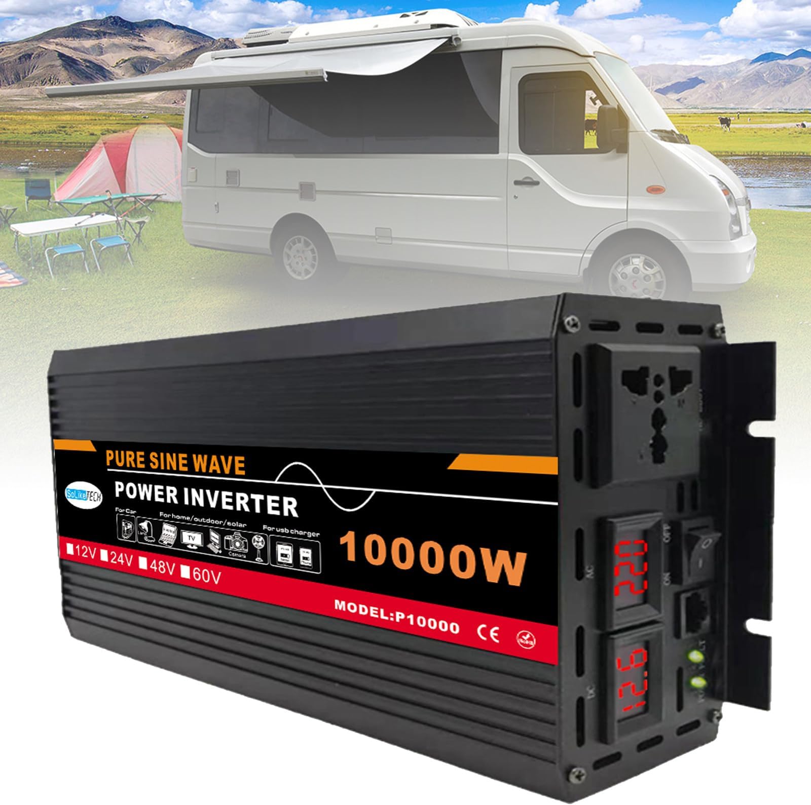 3000W-12000W Pure Sine Wave Power Inverter, DC (12/24/48/60V) to AC (110/V220V), Dual Digital Display + 1 Universal Socket, Solar System - Solar Panel, for Home/Outdoor/RV/Camping,10000W-48V