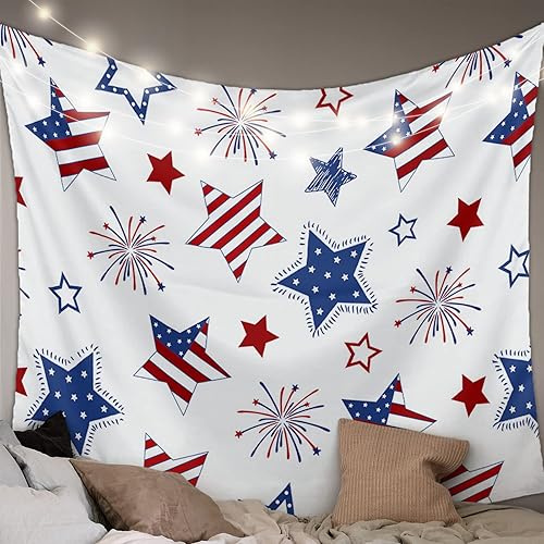 Tapiz patriótico con estrellas del 4 de julio, tapiz para colgar en la pared, diseño de fuegos artificiales, bandera de Estados Unidos, rojo, blanco