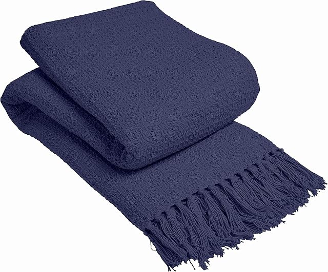 LIZZIE JACOBS New Lisbon 100% Cotton Throws Waffle Style Luxurious Super Soft Warm Cosy Sofa Bed Settee Chair Travel Blankets (Navy, Single - 127 x 152 cm)