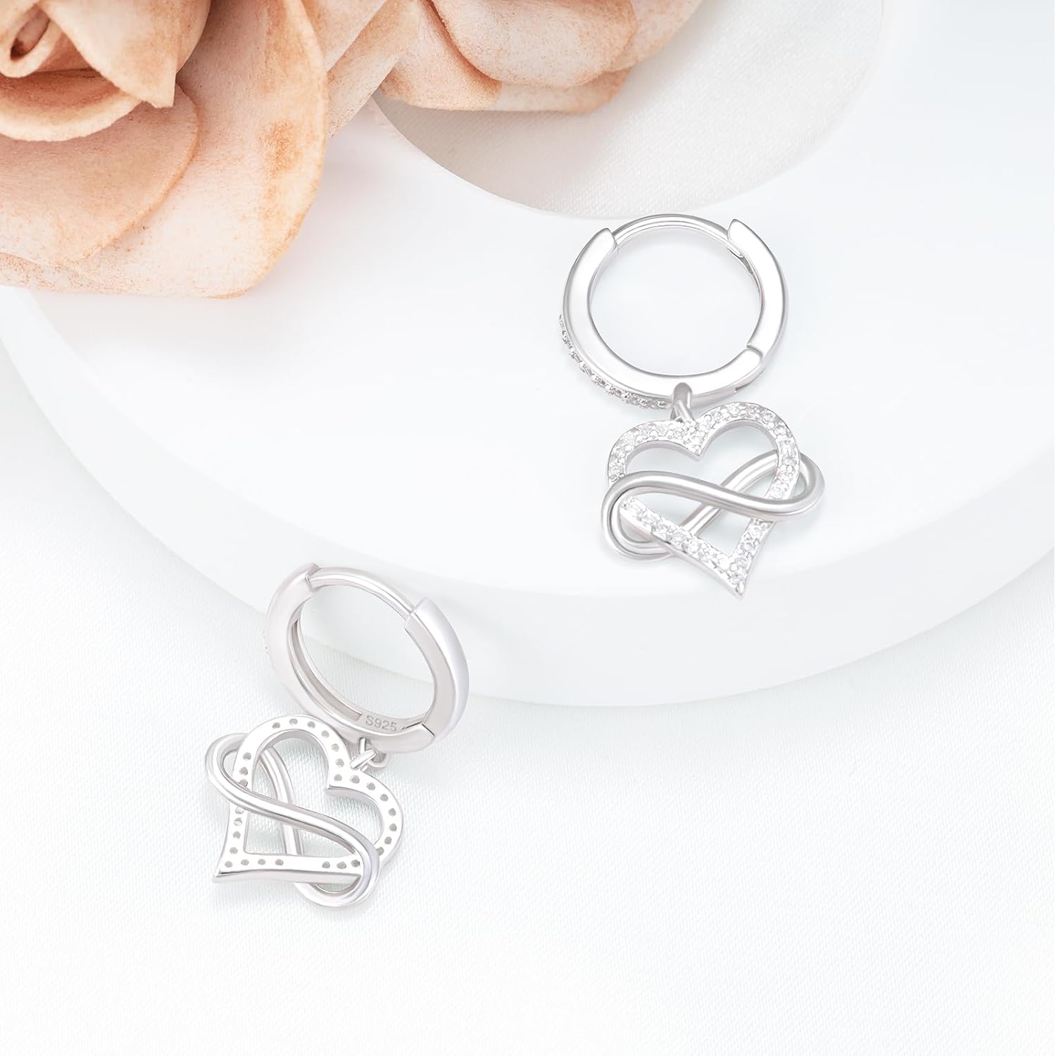 Sterling Silver Infinity Heart Earrings - Sparkling Cubic Zirconia Hypoallergenic Dangle Hoop Earring Fashion Gifts for Her Mom Wife Sister - Image 2