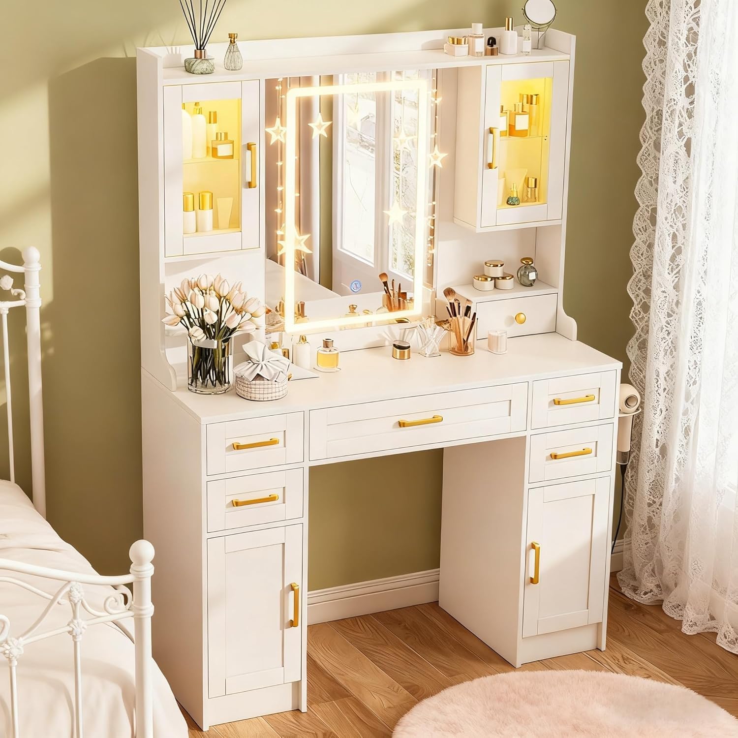 White Vanity Desk with Mirror and Lights, Modern Makeup Desk with 6 Drawers and Adjustable Shelves, Charging Station, Hair Dryer Rack, Dressing Table for Bedroom