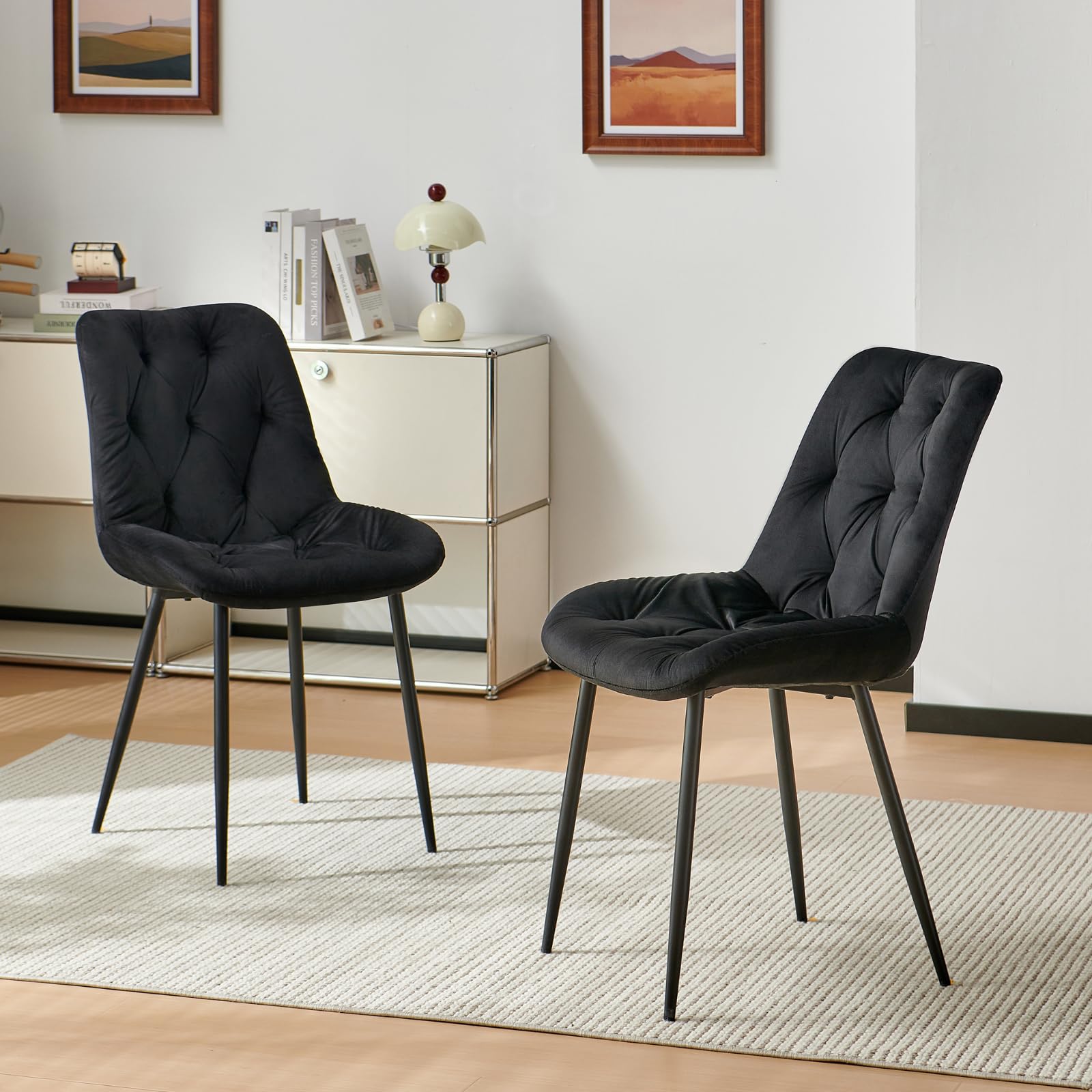 Colorig Set of 2 Velvet Dining Chairs, Modern Kitchen Chair with Sturdy Metal Legs, Ergonomic Curved Dining Room Chairs Suitable for Living Room Office Reception (2, Black, 62D x 50W x 90H cm)