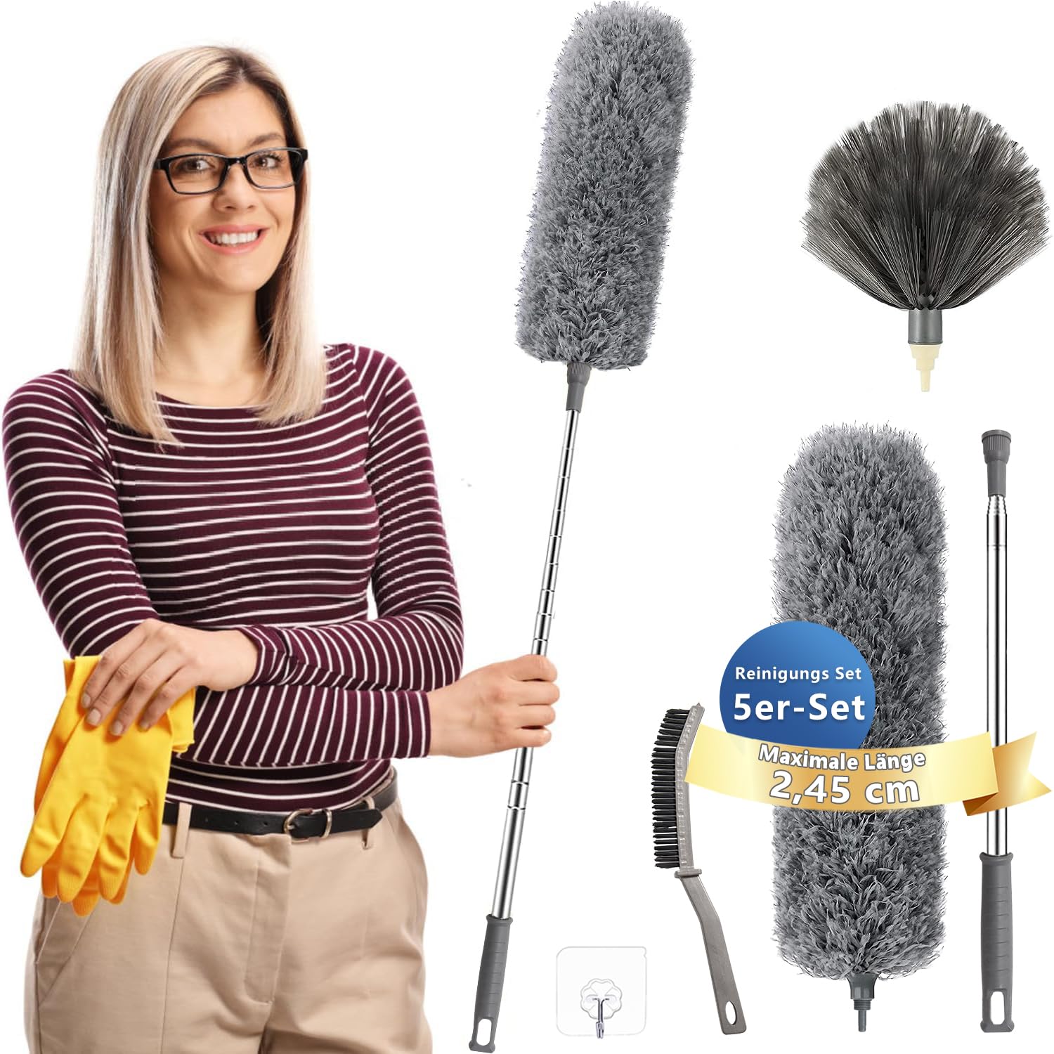 Staubwedel Teleskop Waschbar，Staubwischer lang ausziehbar bis 2,45m，staubwedel mit teleskopstange und Biegbar Grau5Pcs