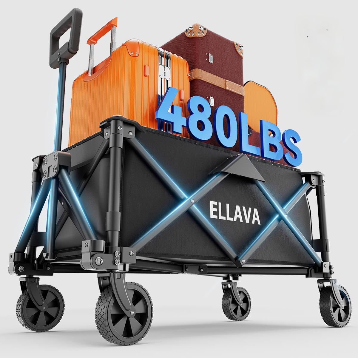 480LBS Collapsible Wagon Cart with Wheels and Foldable for Outdoor, Folding Wagons Carts with Removable Oxford Fabric and Heavy Duty Steel Frame for