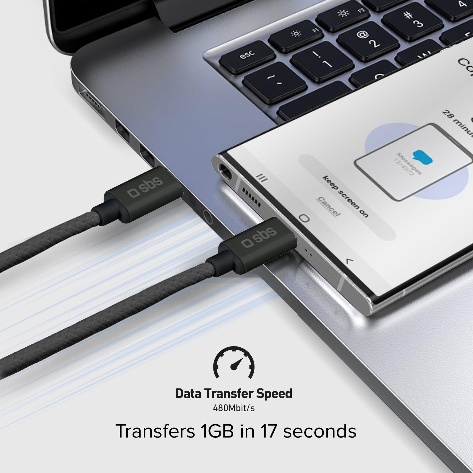 SBS Cavo USB-C 1.5M in Tessuto, Tecnologia Power Delivery (PD), Supporta fino a 60W, Cavo Antigroviglio, Ricarica e Trasferimento Dati 480Mbit/s, Compatibile con Dispositivi USB-C, Nero