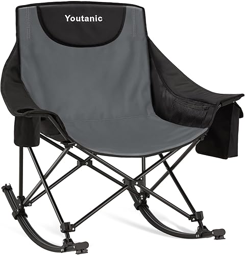 Miniatura 10 de Mecedora plegable de gran tamaño, silla mecedora portátil acolchada con bolsillos, portavasos y bolsa de transporte, silla de patio resistente