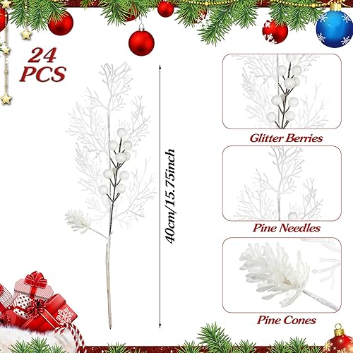 Miniatura 9 de Tigeen 12 ramas de Navidad con purpurina, bayas de acebo artificiales, agujas de pino, ramitas de bayas con purpurina navideña, tallos de Navidad