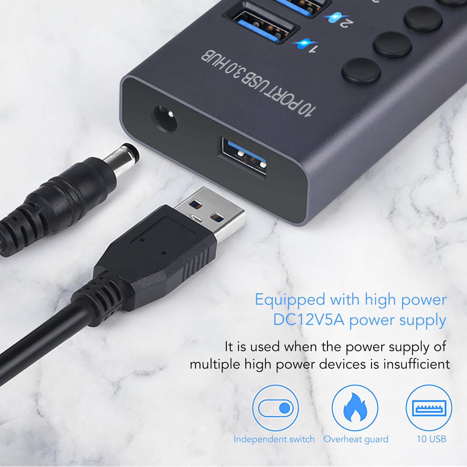 LICAEVEY Hub Dati USB 3.0, Splitter USB a 10 Porte (Spina europea) | Interruttori individuali, alimentatore da 60 W per console di gioco per PC desktop portatile