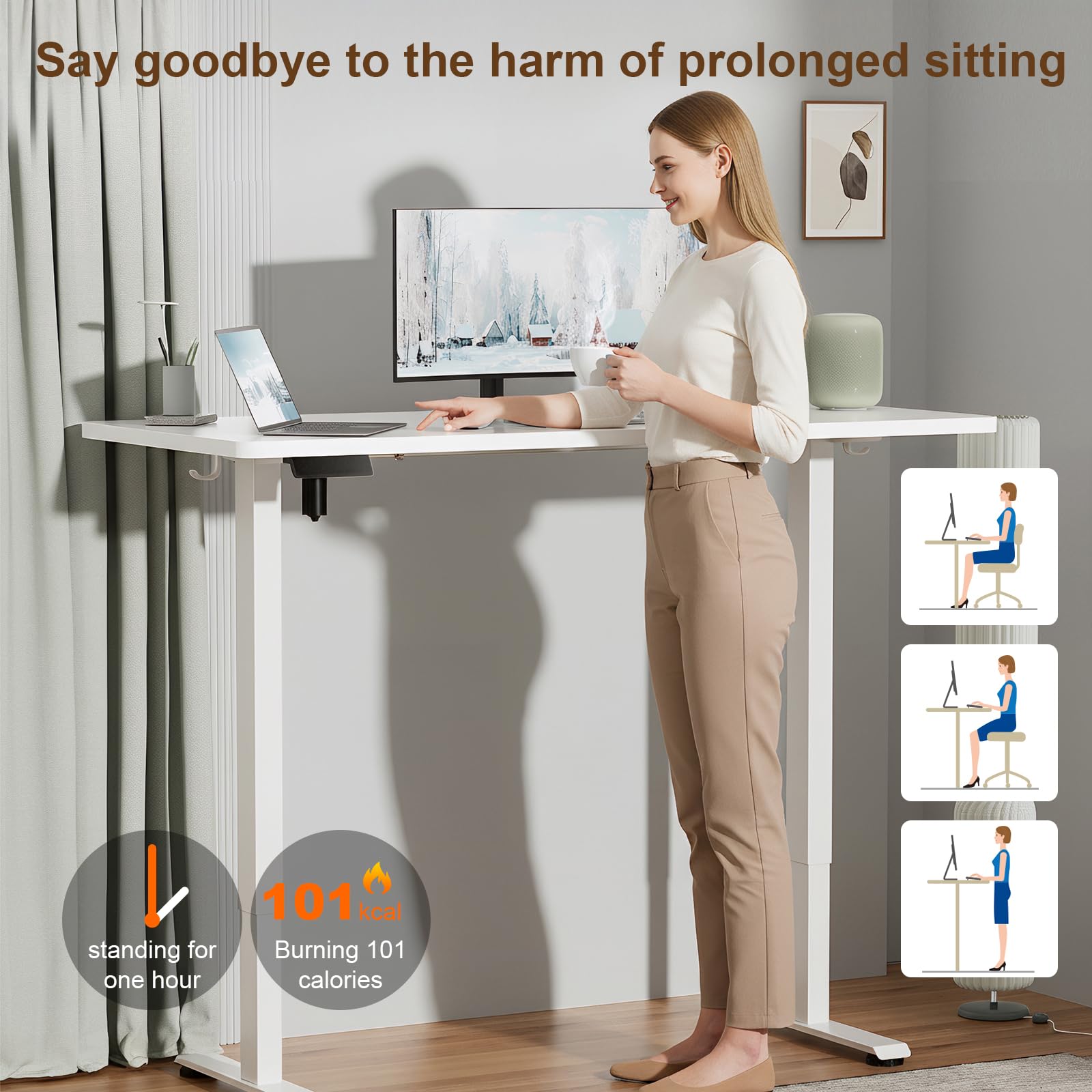 Veken 55 Inch Large Electric Standing Desk Sit to Stand Up Heights Adjustable Work Home Office Computer Table — view 8