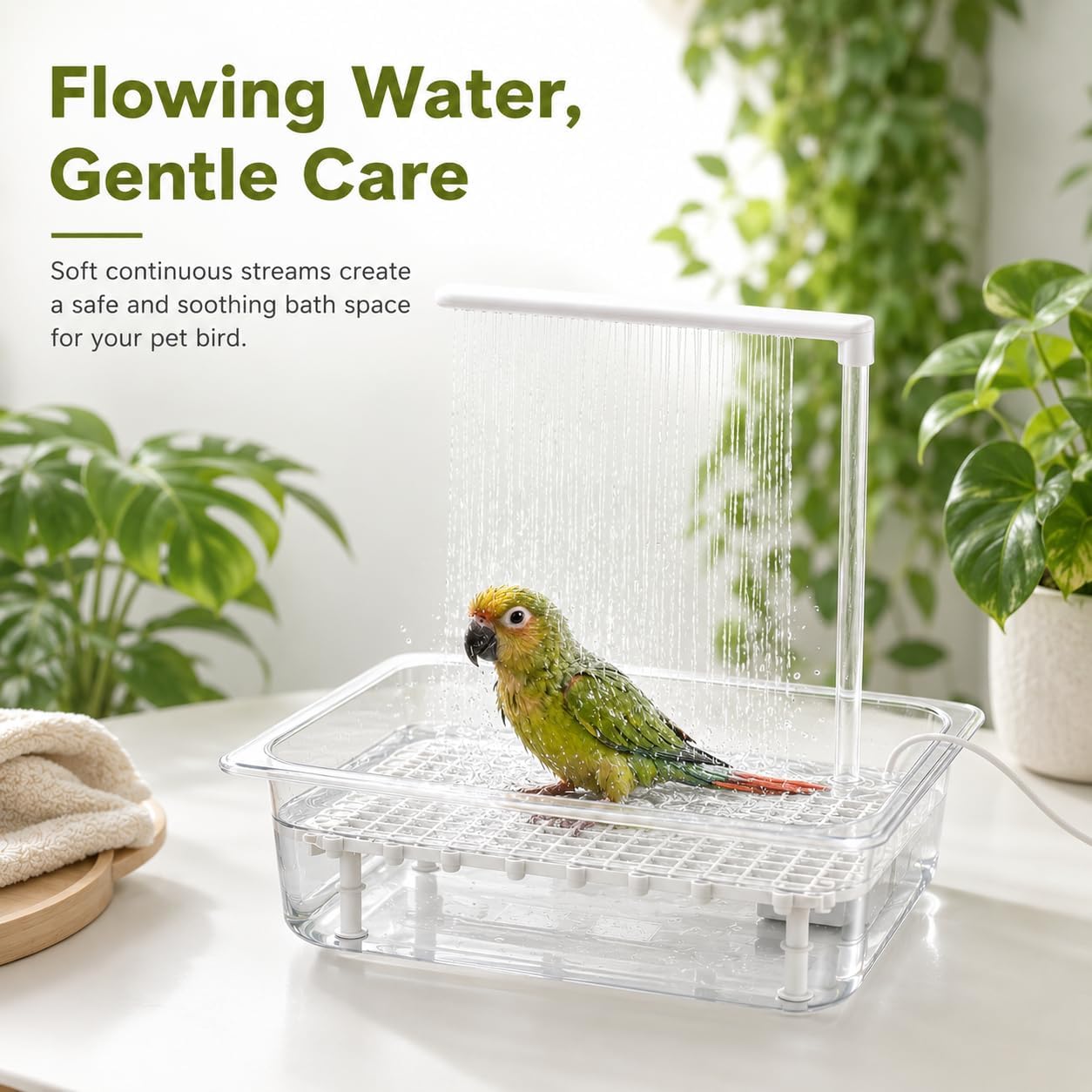 Bird Bath Tub with USB Pump, Automatic Bird Shower for Pet Birds | with Transparent Acrylic Basin, Transparent Acrylic Basin & Mesh Perch for Parakeets, Cockatiels, Budgies