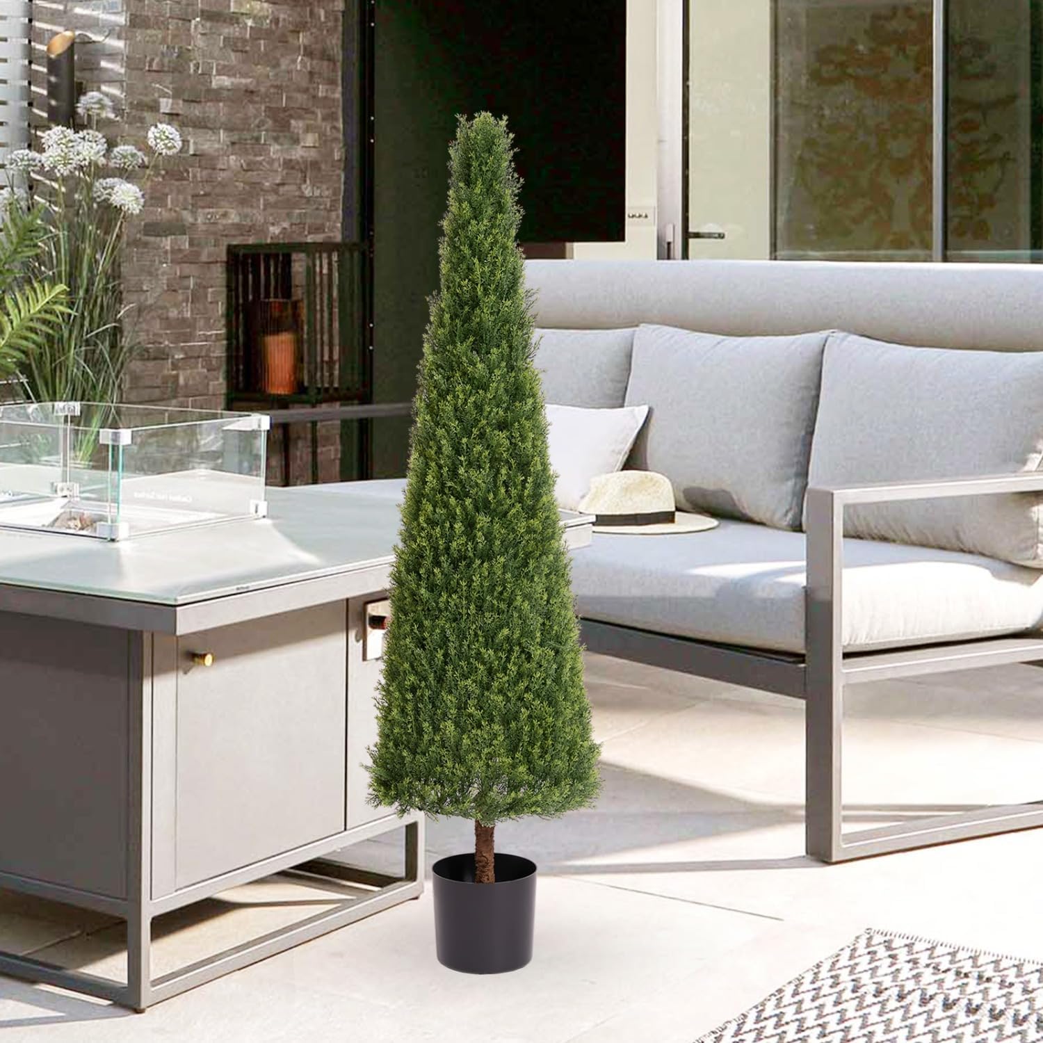 5FT Artificial Cedar Topiary Trees, Rustic Barrel Planter, Outdoor Indoor Realistic Faux Pine Shrubs Plants, Fake Cypress Trees for Home Offices Porch Xmas Decor