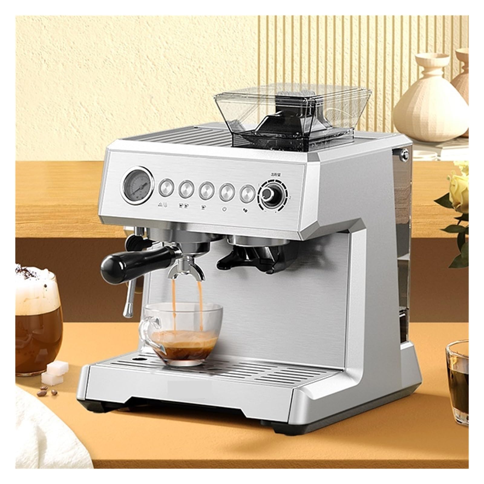 Cafetera Espresso Semiautomática con Bomba De 20 Bares De Presión, Molinillo Y Vaporizador De Leche.