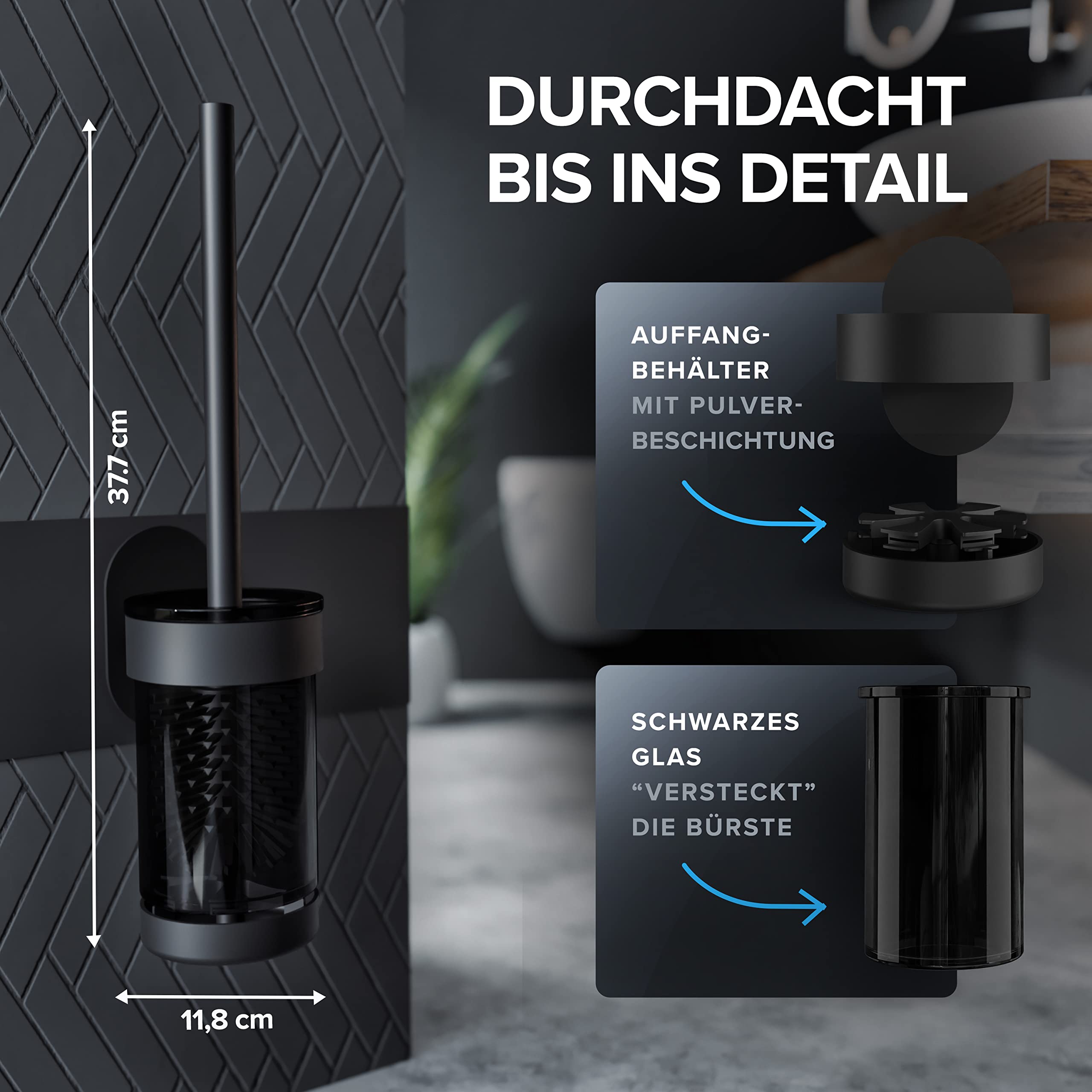 ovimar Toilettenbürste Finnkona | schwarz | Wandhalterung ohne Bohren | Silikon Klobürste | Belüftungsfunktion | zum Kleben | aus pulverbeschichtetem Edelstahl | WC Bürstenkopf wechselbar