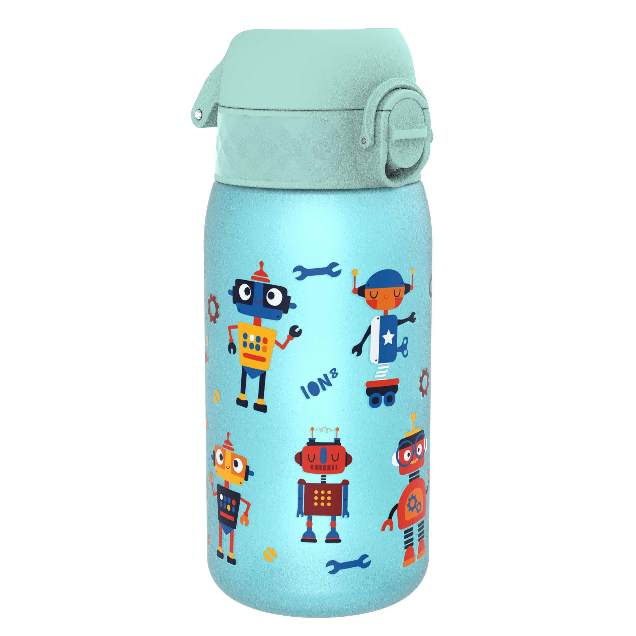 ion8 Kinder Trinkflasche, 350ml, Auslaufsicher, Einhandöffnung, Sichere Verriegelung, Spülmaschinenfest, BPA-frei, Tragegriff, Klappdeckel, Leicht zu Reinigen, Klimaneutral, Roboter, Design