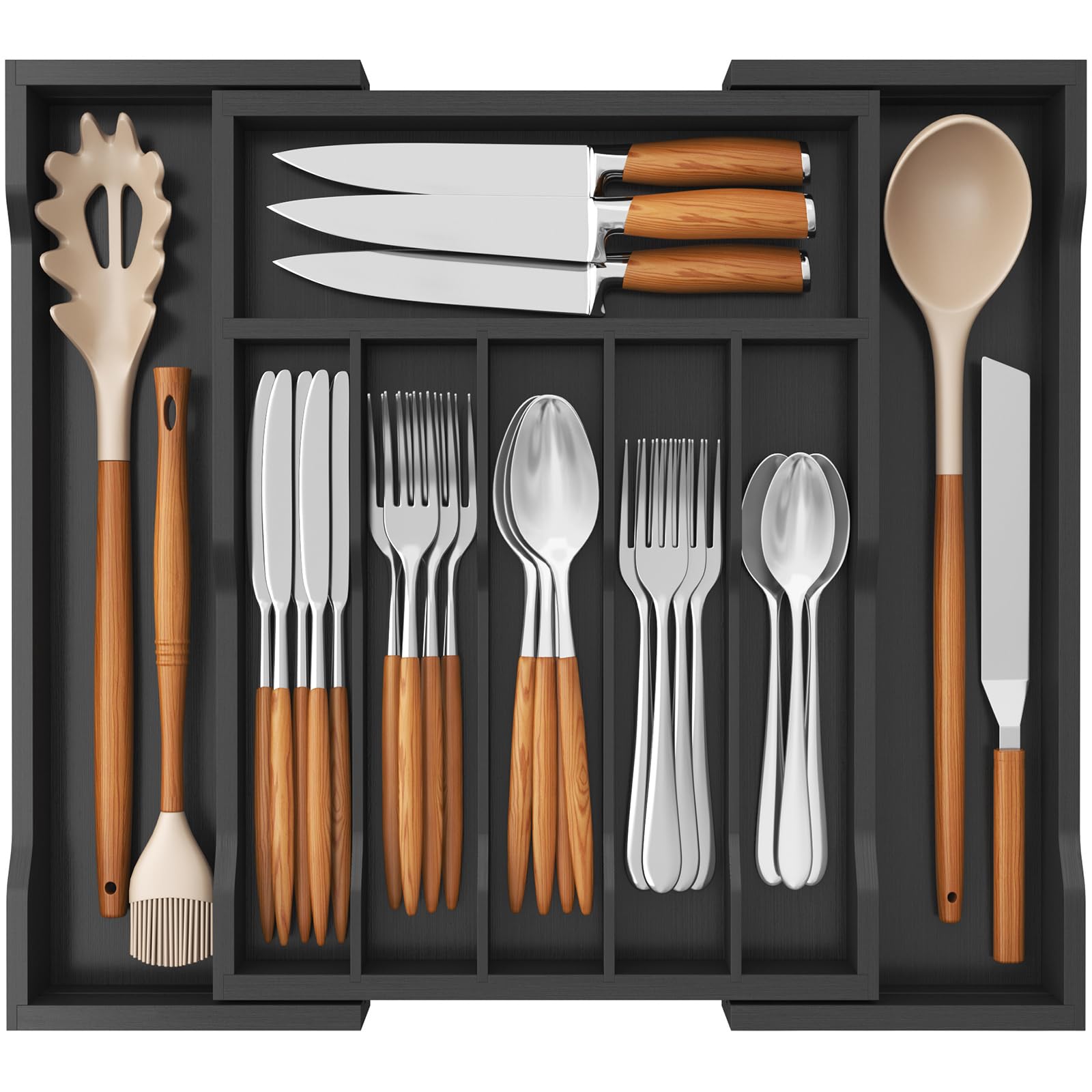 Lifewit Silverware Drawer Organizer, Expandable Utensil Tray for Kitchen, Bamboo Flatware and Cutlery Holder, Wood Adjustable Storage for Spoons Forks Knives, Large, Black