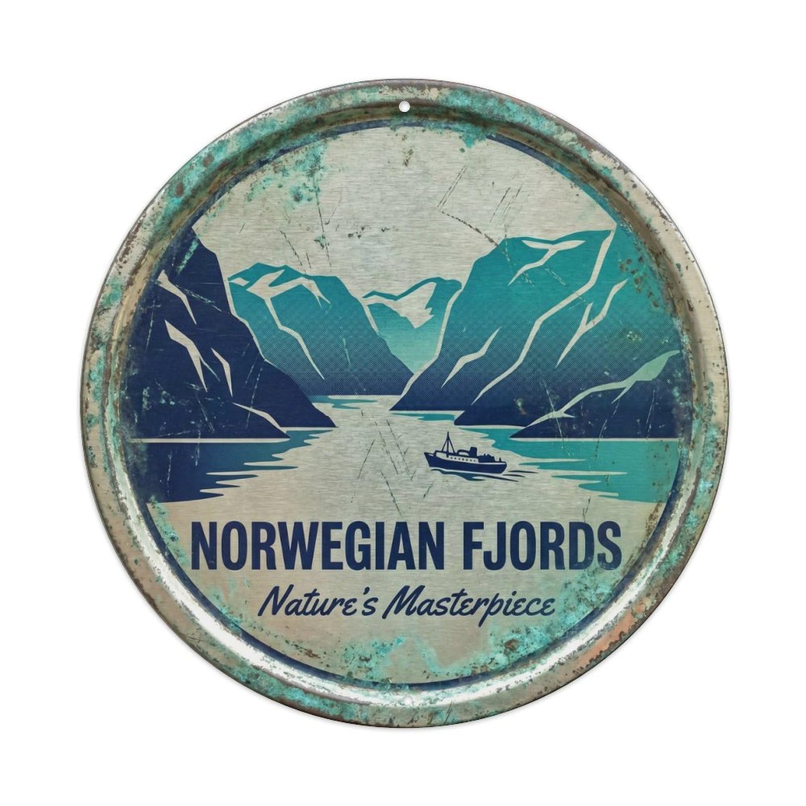 Fjord Majestic Study Waterway Metal Tin Sign Plaque Wall Decor for Cafe, Club, Garden Round Metal Poster 8x8Inch