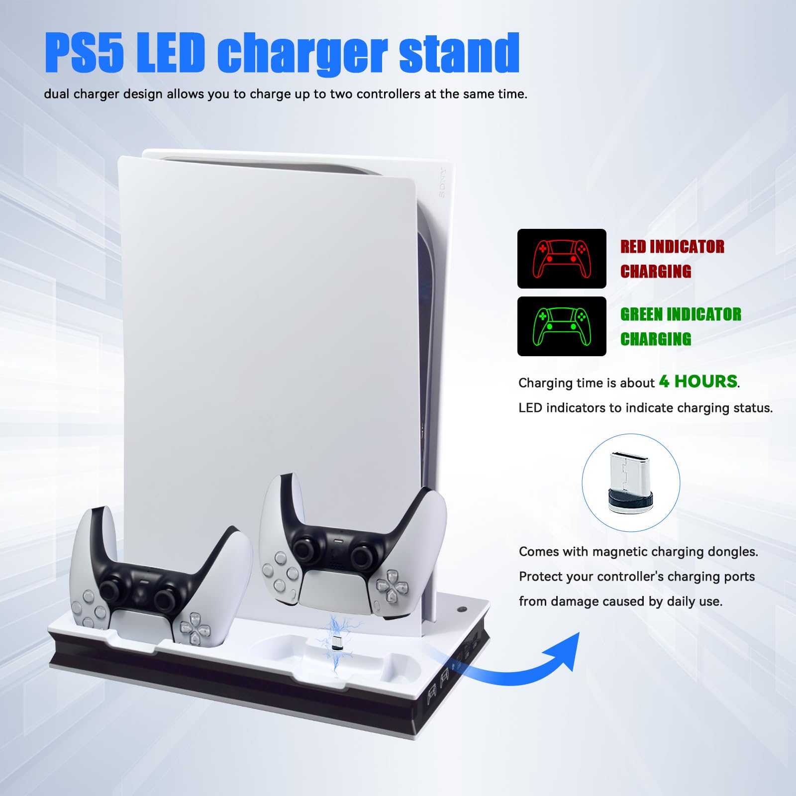 Stazione di ricarica per raffreddamento PS5 con luci a LED e ventole, supporto di ricarica rapida con doppio controller di ricarica per PS5 UHD/edizione digitale, Wireless,Usb