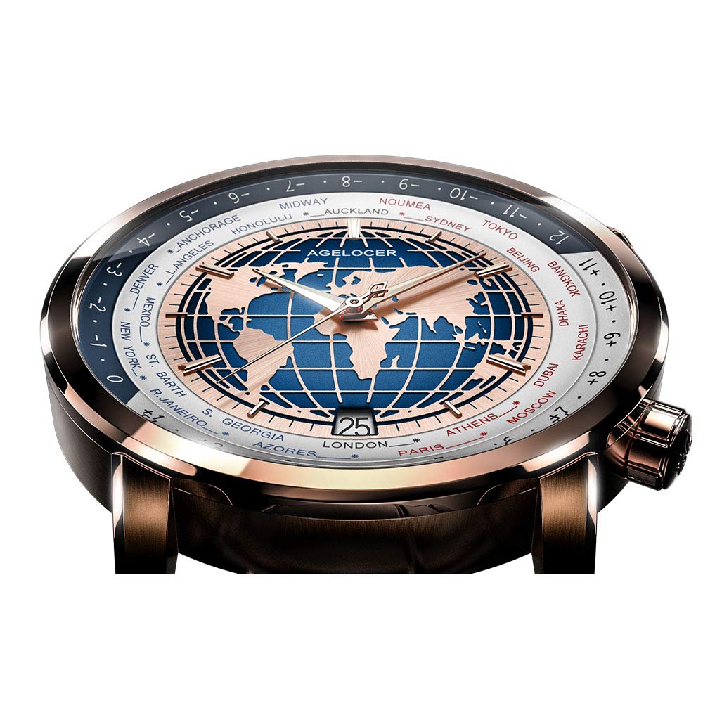 agelocer Orologio da uomo con quadrante con diamanti originali e quadrante blu, con calendario meccanico, alla moda