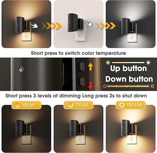 Miniatura 2 de L LOHAS LED Luz nocturna, luces nocturnas regulables enchufables a la pared, paquete de 2 luces nocturnas de 3CCT para niños, rotación de 180,