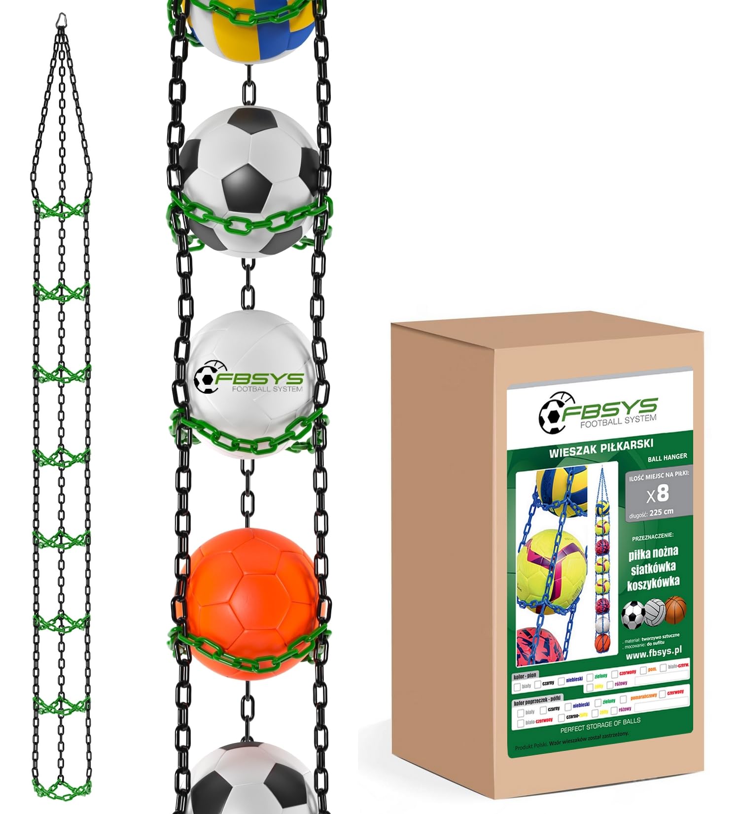Ballhalter - Haken für 8 Bälle (Basketball, Fussball, Volleyball) - Organizer Ballnetz - Schwarz & Grün