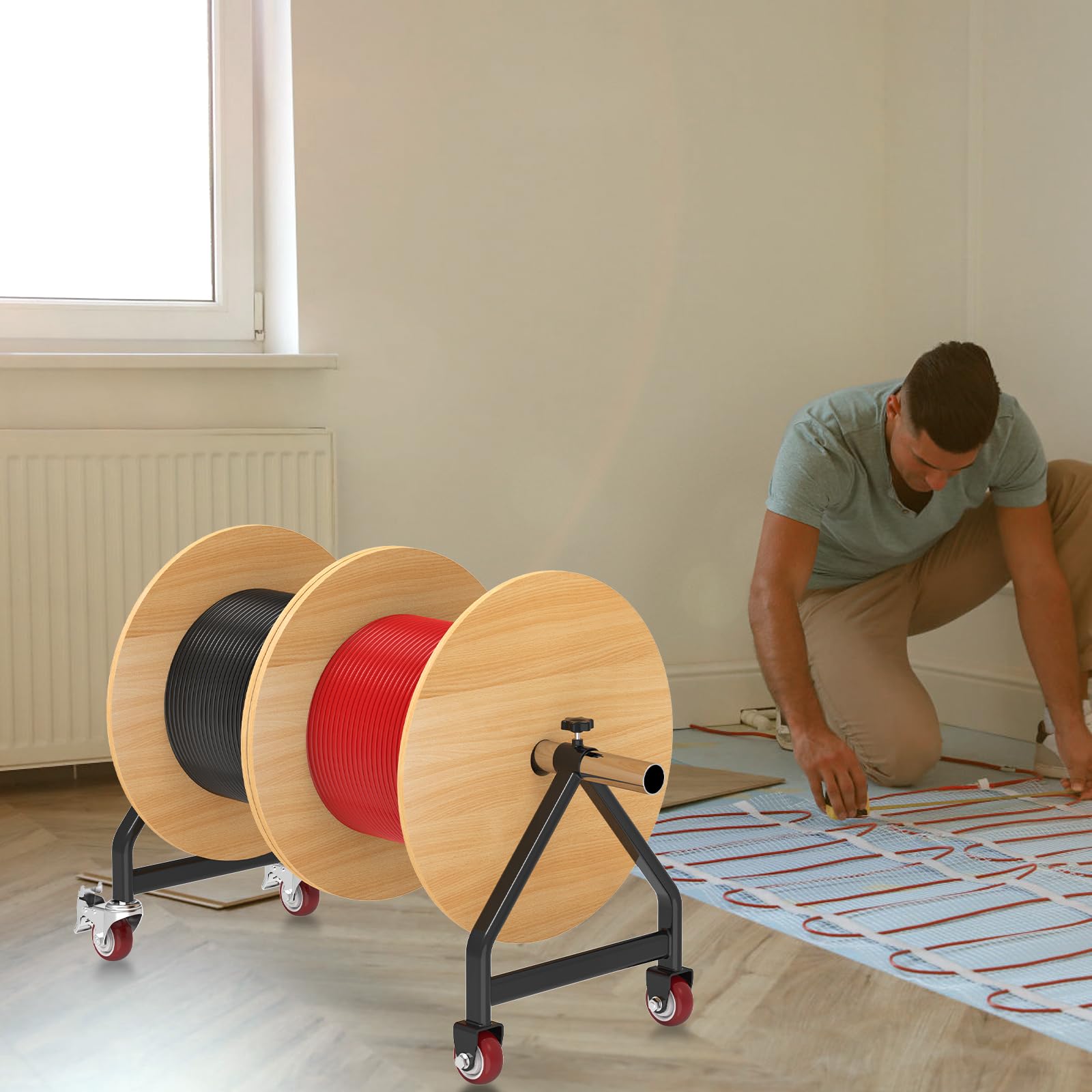 Support de bobine de fil portable, roulettes pivotantes avec frein, distributeur de fil métallique entièrement soudé pour bobines jusqu'à 71,1 cm de diamètre, capacité de 99,8 kg, noir