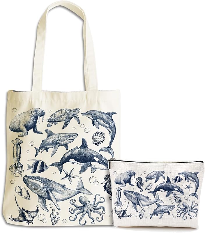 Conjunto XLRSDF com bolsa tote de lona e 4 necessaires, estampa Ocean 65, Pacote com 5 unidades