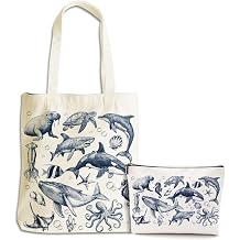 Retro Ocean Animals Turtle Whale Shark Gifts Cosmetic Bags for Women Girls Bestie Lovers Canvas Tote Bag Makeup Bag, Reusable Grocery Bags with Inner Pocket for Gym Beach Birthday Christmas Thank You