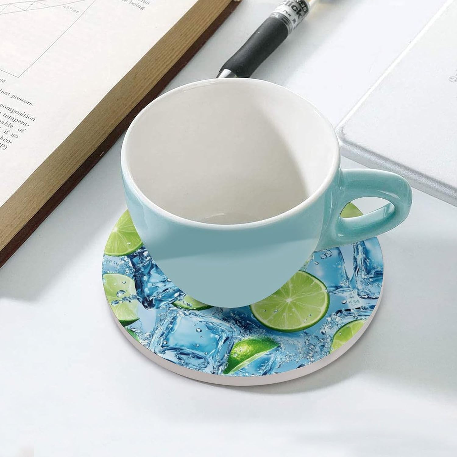 (Ice-Cubes) and Lime Slices Round Ceramic Coasters for Drinks Absorbent Cup Holder Tabletop Protector with Cork Base