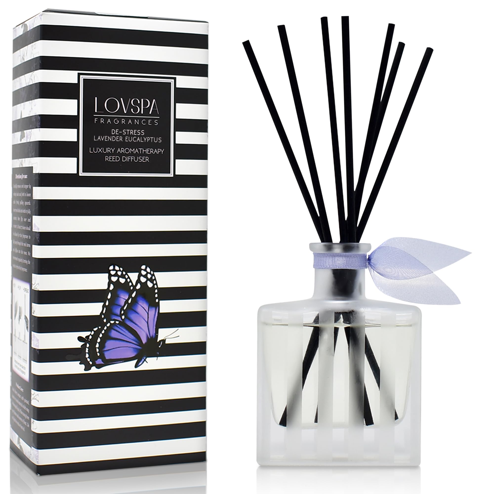 LOVSPA De-Stress Lavender Eucalyptus Reed Diffuser Set - Scent Diffuser with Long Lasting Fragrance - Non-Toxic Oil Reed Diffusers - Made in The USA